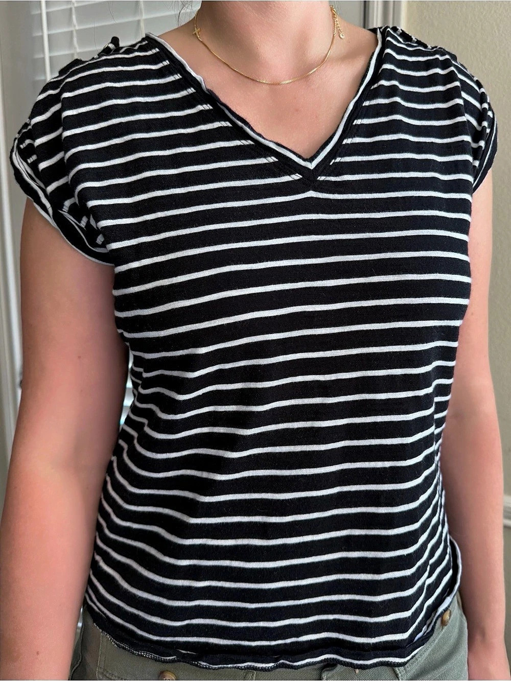 White House Black Market V-Neck Tee with Epaulets Black & White